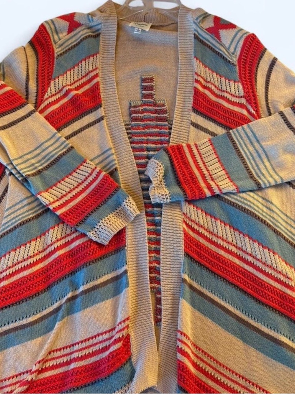 Hayden Los Angeles Santa Fe Patterned Open-Front Cardigan Sweater Red Blue Cream